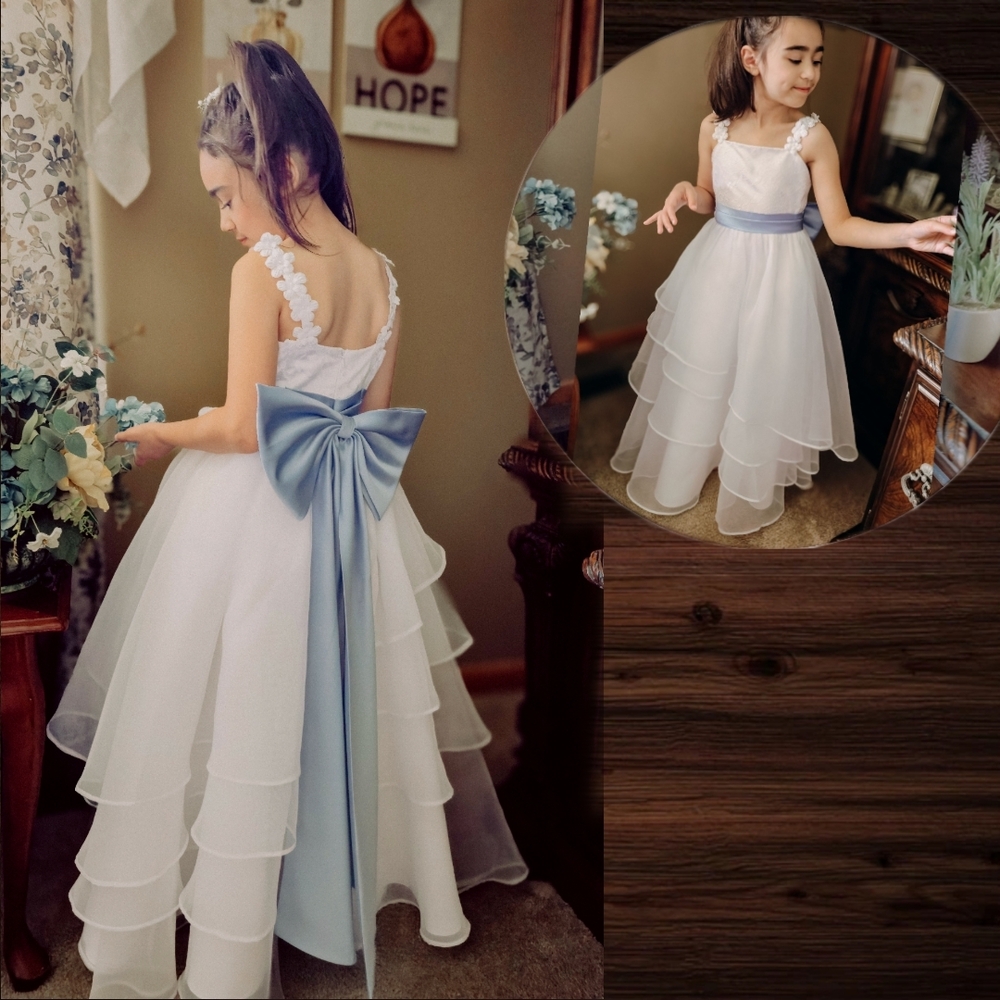 Charming White and Blue Layered Kids Dress